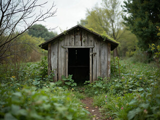 Direct View of an old dog kennel in the middle of a garden near a farmhouse.