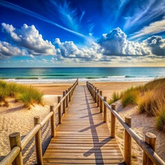 Fototapeta premium A Wooden Path Leading to the Ocean on a Sunny Day, Landscape, Beach, Ocean, Sun , Wooden Path , Ocean View