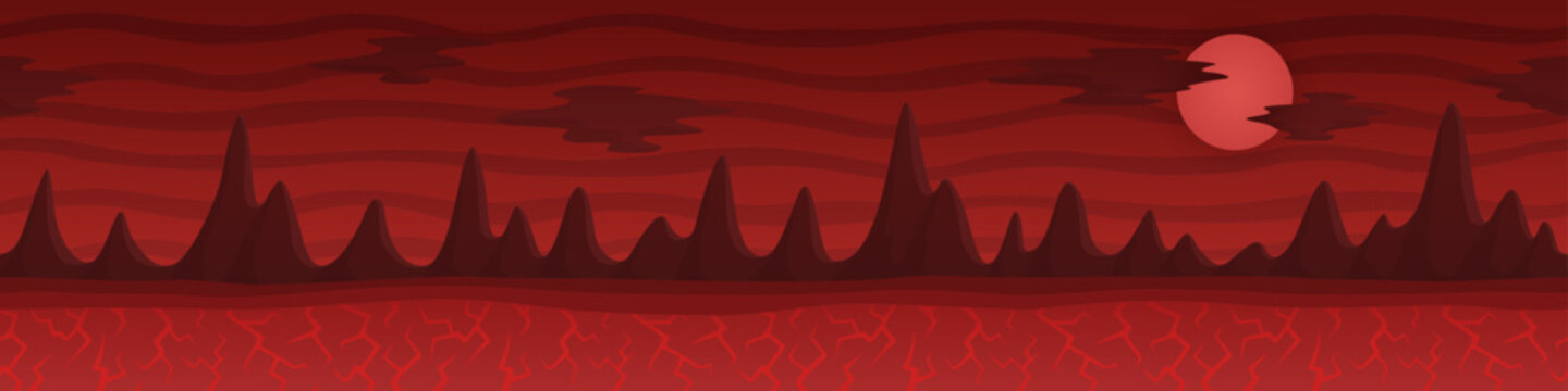 Red cartoon continious landscape with dark rocks