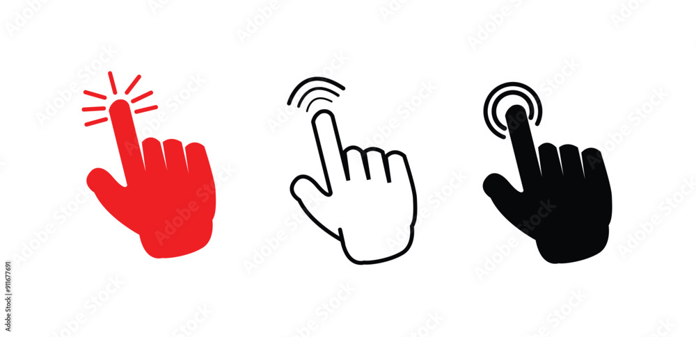 Poster hand cursor icon set. hand click pointer. clicking finger. computer mouse click set. click icon vect