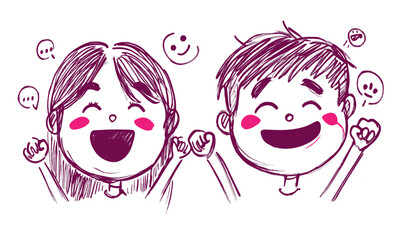 Illustration Vectorielle de Jeunes Enfants Heureux avec Visages Souriants - Dessin au Trait