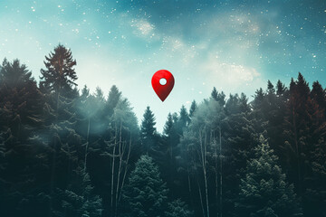 Geographical marker above a dense wild forest, orienteering concept