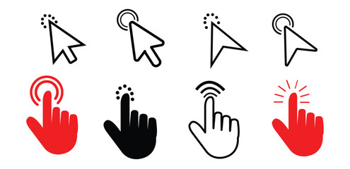 Click icon set. Hand cursors icons click set. cursor icon. pointer arrow icon. Clicking cursor icon. mouse click cursor designs vector.