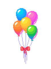 Pixel art balloons on holidays events. Pixelated balloon bouquet, 8 bit retro style vector illustration