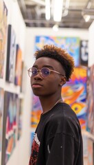 Fototapeta premium High School Graduates Present Artwork Inspired by Future Colleges at Community Art Show