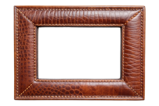 Brown leather picture frame with stitching isolated on a transparent background.