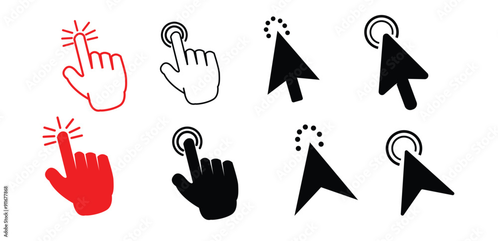 Poster computer mouse click cursor arrow icons set. clicking cursor icon. hand cursors icons click set. poi