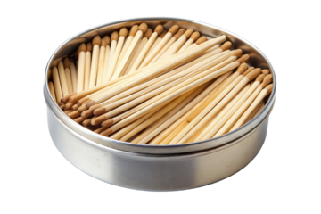 Round tin filled with wooden matches isolated on a transparent background.