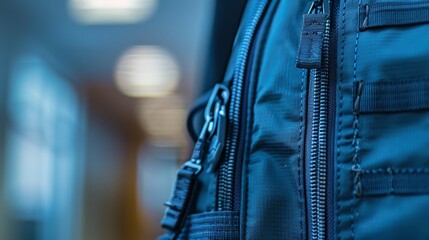 High-Quality School Backpack Close-Up Showing Durable Materials and Precise Stitching in Classroom Setting
