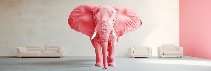 pink elephant standing in the middle of a room, symbolizing an obvious problem or difficult situation that people do not want to talk about