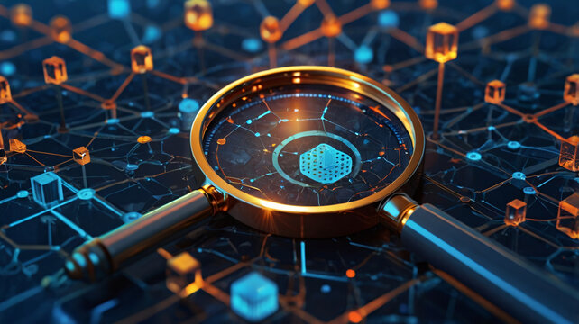 Digital Illustration of a Magnifying Glass Highlighting a Node in a Network