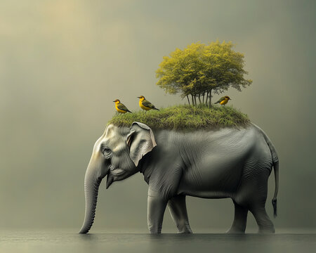 elephant carrying a small woodland on its back inhabited by Northern Parula birds.