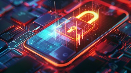 Padlock hologram on smartphone screen protecting business and financial data with innovation technology, Cyber security and data protection concept