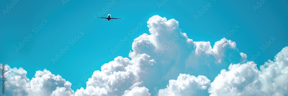 Poster minimalistic image of a plane soaring through the clouds in a vibrant blue sky