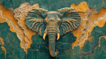 Detailed green, tan, and blue surface with majestic elephant patterns, featuring topographical details and warm yellow and orange highlights, captured with a helios 44-2 58mm f/2 lens