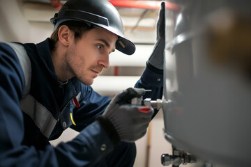 A professional plumber checking and adjusting a water heater installation in a residential basement.