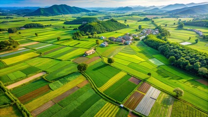 Fototapeta premium Aerial View of Patchwork Farmlands and Village in a Mountain Valley, farm, agriculture, countryside, rural, Japan,