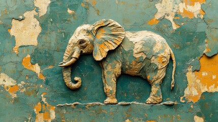 Obraz premium Majestic elephant-inspired background with a green, tan, and blue texture, featuring intricate topographical elements and yellow and orange highlights, rendered in impasto style