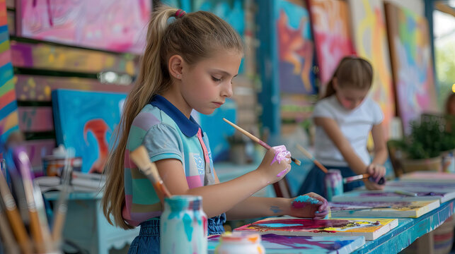 Focused Young Girl Painting in Art Class with Bright Colors and Brushes