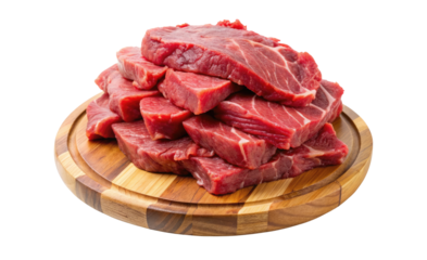 Pile of raw beef slices on a wooden board isolated on a transparent background.