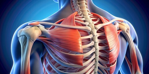 Anatomical Illustration of the Trapezius Muscle, 3D Render, Shoulder Anatomy, Human Skeleton, Muscle Structure, anatomy, muscle