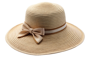 Elegant beige sun hat with a decorative bow isolated on a transparent background.