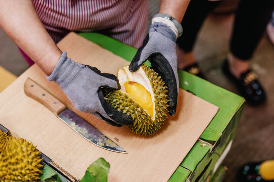 Vendor Opening Fresh Durian