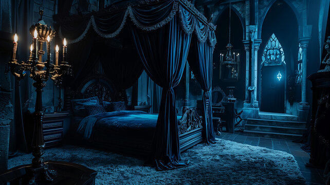 A Gothic-inspired bedroom with a four-poster bed