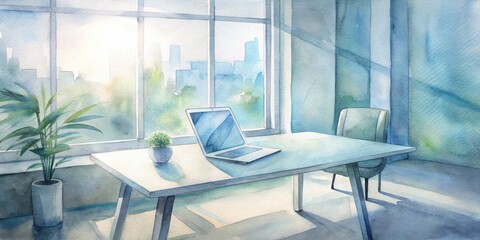 A sleek, modern office setting with a tablet placed on a minimalist desk, surrounded by bright natural light and clean lines, exuding productivity and innovation.