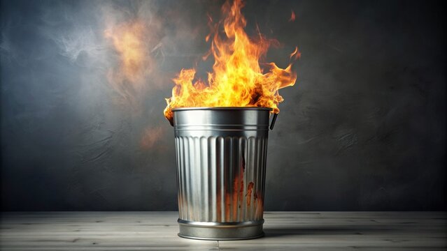 Burning Trash Can on Wooden Floor, Metal, Fire, Smoke, Trash, Waste, Destruction