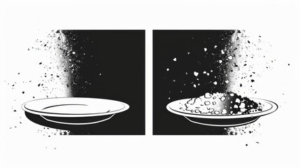 Food security, one with full plate vs one with crumbs, side view, black and white, flat design illustration