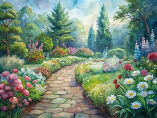 Colorful blooms of roses, daisies, and gerbera daisies line a winding stone pathway, surrounded by lush greenery, in a vibrant and lush garden landscape.