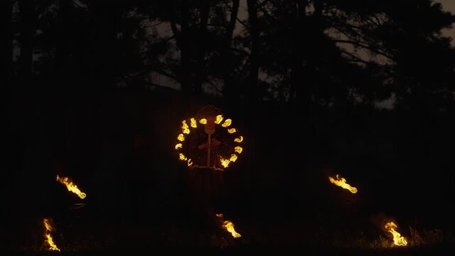 Celebration Of Ancient Slavic Pagan Fest In Summer Night, Women Dancing In Darkness With Fire