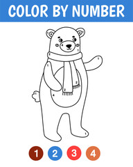 Color by number game for kids. Cute bear. Animal coloring book. Printable worksheet with solution for school and preschool. Learning numbers activity. Vector cartoon illustration.
