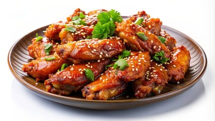 Fototapeta premium Close-up of Glazed Chicken Wings with Sesame Seeds and Parsley on a Wooden Plate, white background, chicken wings, sesame seeds, parsley, glaze, food photography