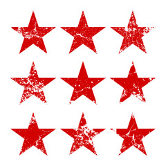 Red vintage stars with cracks and stains. Old hand-drawn sign, black simple shape. Retro design element with distressed effect, grunge texture. Vector illustration