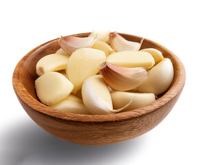 sliced ​​garlic in wooden bowl isolated on white background