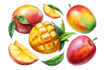 Variety of vibrant, juicy mangoes isolated on a transparent background.