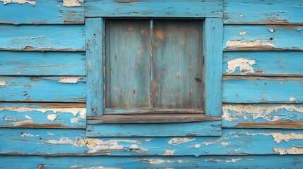 Naklejka premium Textured blue wood siding with an aged and cracked paint surface, showcasing raw vulnerability in a Henri Le Fauconnier-inspired style, surrounded by dusty piles