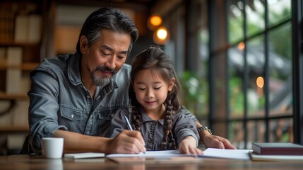 School kid is doing a homework with parents