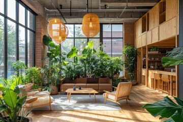 Fototapeta premium Serene Eco-Friendly Green Building Interior with Abundant Indoor Plants and Sustainable Design Elements for Wellbeing