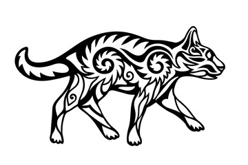 Black and white illustration with stylized cat