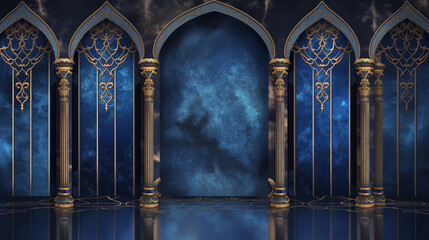 Naklejka premium A blue room with arched windows and pillars