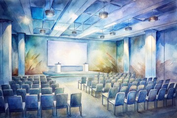 Modern conference hall with sleek podium, spotlight, and large screen displaying business graph, surrounded by empty chairs, conveying a sense of anticipation and excitement.