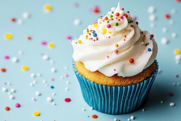 Vibrant Festive Cupcake with Colorful Sprinkles on Blue Paper, Cheerful Tone with Detailed Textures and Lighting, Isolated on White Background