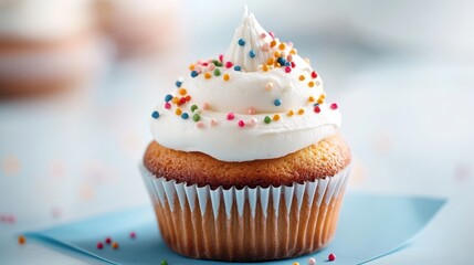 Sweet and Festive Cupcake with Colorful Sprinkles on Blue Paper, White Frosting Delight, Cheerful Treat for Celebrations