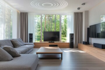 Modern Living Room Interior with Grey Couch, Wooden Coffee Table, and Sound Waves - Contemporary Home Design Concept