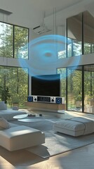 Modern Living Room with Advanced Sound System and Blue Circular Audio Waves Movement