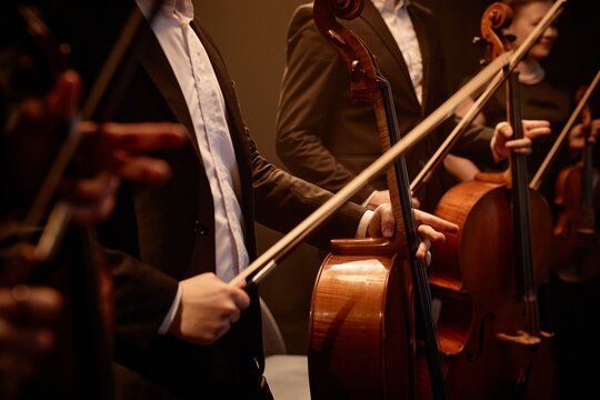 Cropped shot of unrecognizable professional string players in black suits standing in row on stage holding cellos getting encore after performance in warm dim light