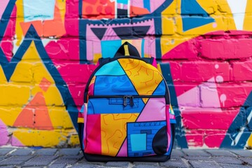Colorful Teen School Backpack with Geometric Pattern Against Vibrant Urban Mural Background